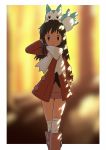  1girl bangs black_hair blurry blurry_background boots border closed_mouth coat commentary_request dawn_(pokemon) eyelashes gen_4_pokemon grey_eyes hand_on_hip hand_up highres long_hair long_sleeves looking_at_viewer on_head outside_border over-kneehighs pachirisu pink_footwear pokemon pokemon_(creature) pokemon_(game) pokemon_dppt pokemon_on_head pokemon_platinum red_coat scarf thighhighs white_border white_legwear white_scarf yoshi_(moco1) 