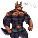  1:1 2020 ambiguous_gender anthro big_muscles black_body black_fur bottomwear brown_body brown_fur bulge canid canine canis clothed clothing dialogue dobermann domestic_dog duo english_text fur grin hi_res male male/ambiguous mammal muscular muscular_anthro muscular_male o_reowoof pinscher shorts simple_background smile solo_focus speech_bubble standing text topless white_background yellow_eyes 