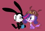  2017 black_body black_nose blush bottomwear canid canine canis clothing collar crossover dipstick_ears disney domestic_dog duo female feral hasbro hat headgear headwear lagomorph leporid littlest_pet_shop long_ears male mammal multicolored_ears oswald_the_lucky_rabbit pink_background rabbit shorts simple_background sitting skitterhop tailwag zoe_trent 