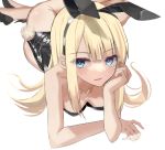  1girl animal_ears ass bare_arms bare_legs bare_shoulders black_footwear black_hairband black_leotard blonde_hair blue_eyes blush breasts bunny_ears bunny_tail cleavage collarbone fake_animal_ears fake_tail fate_(series) hairband high_heels kesoshirou leotard looking_at_viewer lord_el-melloi_ii_case_files lying parted_lips playboy_bunny reines_el-melloi_archisorte sidelocks smile solo strapless strapless_leotard tail twisted_torso 