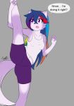  anthro blue_hair canid canine canis erdfurry female hair hi_res lanna_(erdfurry) mammal multicolored_hair purple_body purple_eyes raised_leg solo speech_bubble wolf 