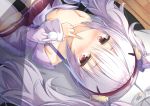  1boy 1girl animal_ears azur_lane blush breasts brown_eyes bunny_ears cleavage collarbone commander_(azur_lane) commentary_request fake_animal_ears finger_to_mouth flat_chest from_above hairband jacket laffey_(azur_lane) long_hair looking_at_viewer looking_up madotsukumo military military_uniform naval_uniform pleated_skirt pov silver_hair sitting sitting_on_lap sitting_on_person skirt thighhighs uniform upturned_eyes white_legwear wooden_floor zettai_ryouiki 