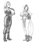  2girls :t absurdres annoyed artist_name artist_request bangs bare_legs bare_thighs blonde_hair bodysuit boots breast_awe breast_contest breasts brown_hair cleavage closed_eyes comparison curly_hair fan fatal_fury gloves greyscale hairband hand_on_hip hand_on_own_chest height_difference highres huge_breasts japanese_clothes jealous kimono large_breasts lien_neville light_blush monochrome multiple_girls ninja no_bra ponytail pout revealing_clothes rivalry sash shadowpencil shiranui_mai sigh smile smirk standing tabi tactical_clothes the_king_of_fighters unzipped white_background 