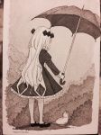  1girl artist_name black_dress black_umbrella cat dress from_behind funamusea greyscale highres holding holding_umbrella long_hair long_sleeves mary_janes monochrome outdoors puffy_sleeves rain saljerjelly shoes signature silhouette_(mogeko) solo traditional_media umbrella watercolor_(medium) 