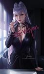  1girl artist_name demon_girl earrings evelynn_(league_of_legends) formal jewelry league_of_legends lipstick lipstick_tube long_hair looking_at_viewer makeup mirror necklace silver_hair solo succubus suit the_baddest_evelynn wickellia yellow_eyes 