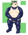  2020 4:5 anthro balls belly blush canid canine canis censored domestic_dog eyes_closed fur genitals green_body green_fur hi_res kemono live-a-hero male mammal mokdai navel overweight overweight_anthro overweight_male solo video_games yaki_atsuage 