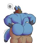  2020 anthro back_muscles balls balls_outline biceps big_butt big_penis blue_body bottomwear brown_hair bubble_butt butt canid canine clothed clothing cole_(colelucario) colelucario digital_media_(artwork) genital_outline genitals hair hi_res huge_butt humanoid_genitalia humanoid_penis lucario male mammal muscular muscular_anthro muscular_male nintendo pants penis pok&eacute;mon pok&eacute;mon_(species) rear_view simple_background solo speech_bubble standing thick_thighs topless video_games white_background wide_hips 