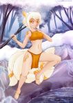  2020 5_fingers 5_toes animal_humanoid breasts clothed clothing day detailed_background digital_media_(artwork) eyebrows eyelashes female fingers hair hi_res humanoid midriff navel orange_eyes outside rukifox sky smile solo standing toes water white_hair 
