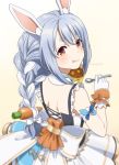  1girl :p animal_ear_fluff animal_ears back bangs bare_arms blue_hair blurry bow_skirt braid bunny_ears bunny_girl carrot_hair_ornament cross-laced_clothes curry depth_of_field eyebrows food food_themed_hair_ornament frilled_straps from_behind gloves gradient gradient_background hair_ornament hikimayu holding holding_spoon hololive instant_curry_rice licking_lips light_blush long_hair looking_at_viewer looking_back mattaku_mousuke multicolored_hair nonstop_story official_alternate_costume rabbit_girl shirt shoulder_blades sleeveless solo spoon tongue tongue_out twin_braids twintails two-tone_hair usada_pekora virtual_youtuber white_gloves white_hair white_shirt 