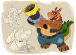  activision anthro bottomwear brown_body canid canine canis cannon claws clothing coat crash_bandicoot_(series) crocodile crocodile_tail crocodilian crocodylid deadstraybear dingo dingodile expressions hi_res hybrid male mammal pants ranged_weapon reptile scalie solo teeth tongue tongue_out toony topwear video_games weapon yellow_eyes 