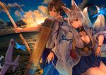  2girls aircraft animal_ears aqua_eyes azur_lane black_eyes black_hair bow_(weapon) breasts cleavage cloud cloudy_sky collarbone commentary_request crossover fox_ears fox_girl fox_tail holding holding_bow_(weapon) holding_weapon horizon japanese_clothes kaga_(azur_lane) kaga_(kantai_collection) kantai_collection konkito kyuubi long_hair looking_at_viewer machinery multiple_girls multiple_tails ocean pleated_skirt shade short_hair side_ponytail skirt sky smile tail tasuki twilight weapon white_hair wide_sleeves 