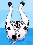  101_dalmatian_street 101_dalmatians anthro anus big_breasts black_body black_fur blush breasts butt canid canine canis clitoris dalmatian dee_dee_(101_dalmatians) disney domestic_dog female fur genitals grin hand_on_leg hi_res looking_at_viewer looking_through looking_through_legs lying mammal multicolored_body nude presenting presenting_anus presenting_hindquarters presenting_pussy pussy simple_background smile solo spots spotted_body spotted_fur thick_thighs two_tone_body white_body white_fur whitewolf20xx 