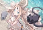  1girl abigail_williams_(fate/grand_order) abigail_williams_(swimsuit_foreigner)_(fate) animal bangs bare_arms bare_shoulders beach black_bow black_cat blue_eyes bow braid breasts brown_hair casual_one-piece_swimsuit cat closed_mouth day double_bun fate/grand_order fate_(series) frilled_swimsuit frills from_above hat highres keyhole long_hair looking_at_viewer looking_up one-piece_swimsuit orange_bow outdoors parted_bangs polka_dot polka_dot_bow sand sidelocks small_breasts smile solo steepled_fingers swimsuit very_long_hair water white_headwear white_swimsuit yumeichigo_alice 