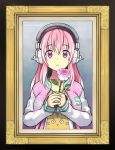  1girl breasts cleavage eyebrows_visible_through_hair flower frame headphones holding holding_flower jacket kurarin large_breasts letterman_jacket long_hair looking_at_viewer mascot nitroplus pink_flower pink_hair pink_jacket pink_rose rose shirt solo super_sonico t-shirt virtual_youtuber 