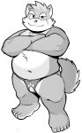  2020 anthro asian_clothing bakedanooki belly canid canine canis clothing domestic_dog east_asian_clothing fundoshi hi_res japanese_clothing kemono male mammal monochrome moritaka navel overweight overweight_anthro overweight_male scar simple_background solo tokyo_afterschool_summoners underwear video_games white_background 