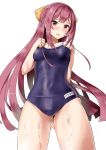  1girl absurdres arm_behind_back ass_visible_through_thighs black_swimsuit blush bow breasts competition_school_swimsuit covered_navel cowboy_shot eyebrows_visible_through_hair gradient_hair hair_between_eyes hair_ribbon highres jewelry kamikaze_(kantai_collection) kantai_collection long_hair minase_(takaoka_nanase) multicolored_hair new_school_swimsuit one-piece_swimsuit open_mouth pink_hair purple_eyes ribbon ring school_swimsuit small_breasts solo swimsuit thighs wedding_band yellow_bow yellow_ribbon 
