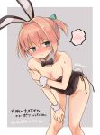  1girl alternate_costume anger_vein animal_ears bangs bare_shoulders black_legwear black_neckwear blue_eyes blush bow bowtie breasts bunny_ears bunny_tail closed_mouth detached_collar fake_animal_ears hair_ribbon kantai_collection leotard pink_hair playboy_bunny ponytail r-king ribbon shiranui_(kantai_collection) small_breasts solo spoken_squiggle squiggle sweat tail twitter_username two-tone_background wrist_cuffs 
