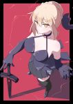 &gt;:( 1girl akitokage01 artoria_pendragon_(all) bangs bare_shoulders black_border black_gloves black_legwear black_skirt blonde_hair border bow braid breasts choker cleavage collarbone commentary_request dress elbow_gloves excalibur_morgan eyebrows_visible_through_hair fate/grand_order fate_(series) french_braid from_above frown gloves hair_bow hands_up highres holding holding_sword holding_weapon large_breasts looking_at_viewer outside_border pleated_skirt ribbon saber_alter short_hair skirt solo sword thighhighs weapon yellow_eyes 