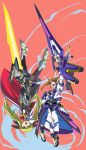  2girls absurdres blonde_hair brown_hair energy_sword exocet fate_testarossa highres holding holding_sword holding_weapon huge_weapon looking_to_the_side lyrical_nanoha magical_girl multiple_girls open_mouth purple_eyes red_eyes sword takamachi_nanoha twintails upside-down weapon 