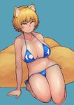  absurd_res animal_humanoid big_breasts bikini biped blonde_hair blue_background blue_clothing blue_swimwear bodily_fluids breasts canid canid_humanoid canine canine_humanoid chanta cleavage clothed clothing female fox_humanoid fur glistening glistening_body glistening_skin hair hi_res humanoid humanoid_hands kneeling light_skin looking_at_viewer mammal mammal_humanoid midriff monotone_body monotone_fur monotone_hair multi_tail navel pupils ran_yakumo short_hair simple_background skimpy slit_pupils solo string_bikini sweat swimwear touhou video_games yellow_body yellow_eyes yellow_fur 