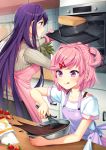  2girls :q apron baking black_pants blush breasts cake chocolate closed_mouth commentary cooking cowboy_shot dessert doki_doki_literature_club english_commentary food fruit grey_sweater hair_ornament hairclip highres kitchen long_hair medium_breasts multiple_girls natsuki_(doki_doki_literature_club) open_mouth oven oven_mitts pants paw_print_pattern pink_eyes pink_hair plant potted_plant purple_apron purple_eyes purple_hair refrigerator ribbed_sweater satchely shirt short_hair short_sleeves short_twintails small_breasts smile straight_hair strawberry sweater tongue tongue_out turtleneck turtleneck_sweater twintails upper_body whisk whisking white_shirt yuri_(doki_doki_literature_club) 