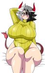  :&lt; akasode_(tyaramu) animal_humanoid big_breasts biped black_hair blush bovid bovid_humanoid breasts clothed clothing curvy_figure female glistening glistening_body glistening_skin grey_hair hair hand_behind_head hi_res horn huge_breasts humanoid leotard light_skin looking_at_viewer mammal mammal_humanoid multicolored_hair red_eyes red_horn ribbed_clothing ribbed_sweater simple_background sitting solo sweater tail_tuft thick_thighs topwear touhou tuft two_tone_hair urumi_ushizaki video_games voluptuous white_background wide_hips yellow_clothing yellow_topwear 