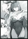  2girls animal_ears armpits ass bangs breasts bunny_ears bunny_tail cleavage fate/grand_order fate_(series) fishnet_legwear fishnets flying_sweatdrops greyscale highres long_hair monochrome multiple_girls pantyhose playboy_bunny scathach_(fate)_(all) scathach_(fate/grand_order) scathach_skadi_(fate/grand_order) smile sweater syatey tail thigh_strap tiara wrist_cuffs 