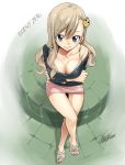  bangs black_shirt blonde_hair blue_eyes bra breasts cleavage closed_mouth collarbone copyright_name crossed_legs downblouse eden&#039;s_zero from_above hair_between_eyes long_hair looking_at_viewer mashima_hiro medium_breasts miniskirt off-shoulder_shirt off_shoulder official_art pencil_skirt pink_skirt rebecca_bluegarden shiny shiny_hair shirt signature sitting skirt smile straight_hair thigh_gap underwear white_bra 