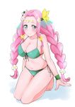  1girl alternate_breast_size barefoot bikini blush braid breasts circlet cleavage closed_mouth collarbone cure_felice flower front-tie_bikini front-tie_top full_body green_bikini hair_flower hair_intakes hair_ornament halterneck highres kneeling large_breasts long_hair pink_eyes pink_hair shiny shiny_hair side-tie_bikini simple_background smile solo stick308 swimsuit twin_braids twintails very_long_hair white_background white_flower 