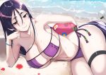  ball beach bikini black_eyes black_hair blush breasts cleavage fate/grand_order fate_(series) garter long_hair minamoto_no_yorimitsu_(fate) navel nuko_(mikupantu) swimsuit water wristwear 