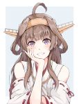  1girl ahoge brown_hair chin_rest dairyo3 detached_sleeves double_bun hairband hand_on_own_cheek headgear highres japanese_clothes kantai_collection kongou_(kantai_collection) long_hair looking_at_viewer nontraditional_miko purple_eyes remodel_(kantai_collection) ribbon-trimmed_sleeves ribbon_trim smile solo upper_body 