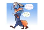  2020 absurd_res anthro barefoot belt blue_background bottomwear canid canine carrying clothed clothing dialogue disney duo english_text fox fully_clothed fur gradient_background green_eyes grey_body grey_fur hi_res holding_object judy_hopps lagomorph leporid mammal necktie nick_wilde on_shoulders orange_body orange_fur pants purple_eyes rabbit red_fox shirt simple_background speech_bubble text topwear walking zhan zootopia 