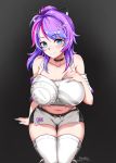  1girl bandaid bandaid_on_nose bare_shoulders blue_eyes blue_hair blush breasts collarbone dated foxyrain grey_background highres large_breasts looking_at_viewer melody_(projektmelody) multicolored_hair navel patreon_username projektmelody purple_hair signature smile solo stomach thighhighs thighs virtual_youtuber white_legwear 