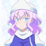  1girl bangs blue_eyes breasts cato_(monocatienus) commentary eyebrows_visible_through_hair hair_between_eyes hat large_breasts letty_whiterock light_purple_hair looking_at_viewer medium_hair portrait puffy_sleeves smile solo touhou 
