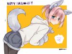  1girl animal_ears black_legwear blue_eyes cowboy_shot hood hooded_sweater hoodie kantai_collection leaning_forward official_alternate_costume pink_hair ponytail r-king shiranui_(kantai_collection) short_hair solo spoken_squiggle squiggle sweater tail twitter_username two-tone_background white_sweater wolf_ears wolf_tail yellow_background 