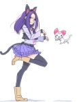  1girl :d akinbo_(hyouka_fuyou) animal_ears belt black_belt black_hairband black_legwear blush boots bracelet cat cat_ears cat_tail closed_mouth embarrassed fake_animal_ears fake_tail from_side full_body grey_shirt hairband hummy_(suite_precure) jewelry kurokawa_eren layered_skirt long_hair long_sleeves looking_at_viewer miniskirt open_mouth paw_pose pendant pleated_skirt precure print_shirt purple_hair purple_skirt shiny shiny_hair shirt simple_background sketch skirt smile solo standing standing_on_one_leg straight_hair suite_precure tail thighhighs white_background zettai_ryouiki 
