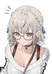 1girl bangs between_breasts black-framed_eyewear black_bra black_choker blue_ribbon blush bra braid breasts choker cleavage collarbone eyebrows_visible_through_hair glasses green_eyes hair_ribbon highres hololive large_breasts looking_at_viewer parted_lips ribbon shirogane_noel silver_hair simple_background snowflake_choker solo strap strap_between_breasts sweater syhan underwear upper_body virtual_youtuber white_background white_sweater 