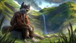  16:9 anthro backpack canid canine canis clothed clothing detailed_background hi_res jacato landscape male mammal outside rakan sitting solo waterfall were werecanid werecanine werewolf widescreen wolf 