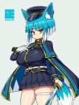  1girl animal_ear_fluff animal_ears asagi_(bombergirl) bangs belt blue_hair blunt_bangs bombergirl breasts brown_eyes cloak eyebrows_visible_through_hair gloves hat highres holding holding_sword holding_weapon large_breasts miniskirt multicolored_hair pleated_skirt sawati skirt solo sword tail thigh_strap two-tone_hair uniform weapon white_belt white_gloves white_hair wolf_ears wolf_girl wolf_tail 
