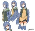  1girl anger_vein animal_ears bike_shorts bird_ears bird_legs bird_tail bird_wings blue_feathers blue_hair blue_wings blush choker dress dress_lift feathered_wings feathers green_jacket grey_eyes harpy head_feathers highres jacket lifted_by_self miura_(rnd.jpg) monster_girl multiple_views open_mouth original rnd.jpg smile winged_arms wings yellow_dress 