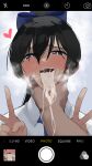  1girl black_hair blue_eyes blush collared_shirt commentary cum cum_in_mouth english_commentary gokkun hand_on_another&#039;s_face heart highres long_hair looking_at_viewer okpriko open_mouth original pov pov_hands shirt solo_focus steaming_body stray_pubic_hair v viewfinder 