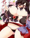  3girls animal_ear_fluff animal_ears areola_slip areolae ass_visible_through_thighs assisted_exposure bangs black_panties blush bouncing_breasts bow breasts cameltoe embarrassed eyebrows_visible_through_hair fang groin hair_between_eyes hair_bow hair_censor hand_up imaizumi_kagerou large_breasts lifted_by_another long_hair long_sleeves motion_lines multiple_girls nose_blush open_mouth panties pink_background pulled_by_another pussy_juice red_eyes red_hair red_skirt sekibanki shirt_pull side-tie_panties skin_fang skirt skirt_lift surprised tearing_up thighs touhou underwear wakasagihime wolf_ears zetsumame 