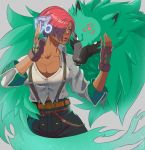  1girl 1other belt black_pants breasts brown_gloves chocfutakun cleavage cross dark_skin facial_mark fingerless_gloves forehead_mark giovanna_(guilty_gear) gloves green_eyes green_fur guilty_gear guilty_gear_strive hair_over_one_eye headset highres holographic_interface holographic_touchscreen large_breasts lips multiple_belts pants partially_unbuttoned plunging_neckline police_badge puckered_lips red_hair rei_(guilty_gear) short_hair snout suspenders talking_on_phone wolf 