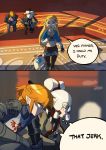  2girls absurdres armor blonde_hair blue_clothes blue_eyes eye_symbol highres hyrule_warriors:_age_of_calamity impa kneeling link multiple_girls princess princess_zelda robot sheikah the_legend_of_zelda the_legend_of_zelda:_breath_of_the_wild white_hair 