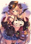  1girl blonde_hair blue_eyes breasts claw_pose confetti draph granblue_fantasy grin hallessena halloween_basket hat homaderi horns large_breasts long_hair navel plaid plaid_skirt pointy_ears skirt smile 