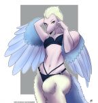  anthro archeopteryx avian beak clothing digital_media_(artwork) dinosaucers dinosaur feathers female lingerie looking_at_viewer mazinga669 open_mouth reptile scalie seductive simple_background solo teryx underwear 