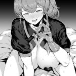  1girl bacius blush breasts eyebrows_visible_through_hair fellatio_gesture gloves greyscale hair_between_eyes heart_pasties highres huge_breasts intrepid_(kantai_collection) kantai_collection monochrome neckerchief open_mouth pasties ponytail shirt short_hair short_sleeves smile solo_focus 