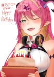  1girl absurdres ajiitou arm_strap asymmetrical_horns bangs bare_shoulders birthday birthday_cake blonde_hair blush bow bowtie breasts cake chest_harness commentary_request demon_girl demon_horns eyebrows_visible_through_hair food green_eyes hair_ornament happy_birthday harness headphones headphones_around_neck highres hololive horn_bow horns large_breasts long_hair looking_at_viewer mano_aloe multicolored_hair one_eye_closed open_mouth pink_hair pointy_ears shirt sleeveless sleeveless_shirt solo succubus sweat two-tone_hair virtual_youtuber 
