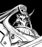  absurdres black_background gasaraki highres horns long_hair looking_up mecha mimura_kaoru monochrome no_humans shuten_(gasaraki) sketch solo tied_hair 