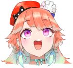  1girl chef_hat gradient_hair green_hair hat head_only highres hololive hololive_english looking_up multicolored_hair open_mouth orange_hair purple_eyes solo takanashi_kiara tokorinowa virtual_youtuber white_background 
